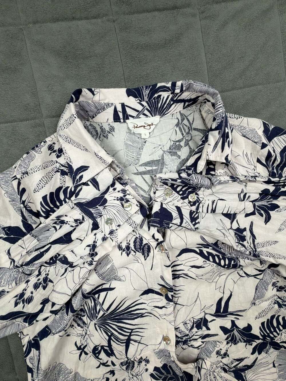 Panama Jack Womens Size L Blue White Tropical Floral Print Linen Blend Tie Front